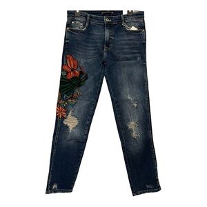 Zara Embroidered Floral Distressed Jeans Size 6